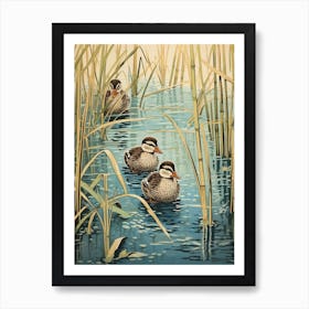 Ducklings With The Pond Weed Japanese Woodblock Style 3 Art Print