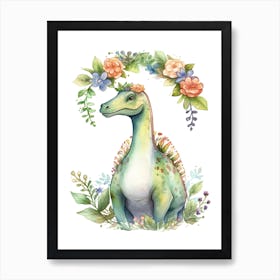 Brachiosaurus With A Crown Of Flowers Cute Dinosaur Watercolour 4 Art Print