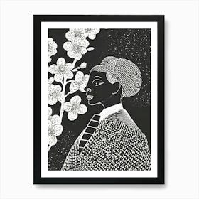 A Woman In Traditional Garb Admiring Plum Blossoms Linocut Art Print