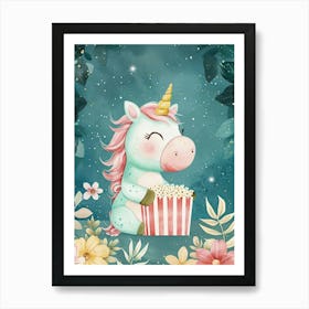 Cute Pastel Unicorn Eating Popcorn Blue Background 1 Art Print