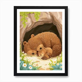 Brown Bear Family Sleeping In A Cave Storybook Illustration 1 Art Print