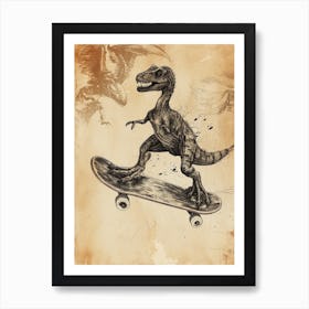 Vintage Deinonychus Dinosaur On A Skateboard   3 Art Print
