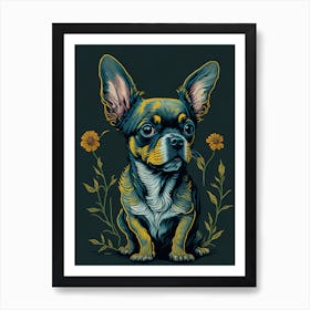 Chihuahua Dog, Retro Flowers Painting (8) Art Print