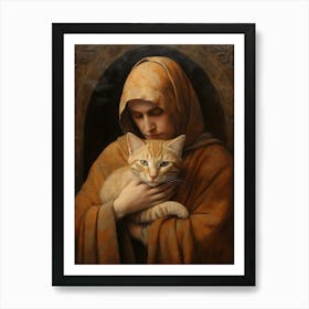 Monk Holding Stripy Cat Art Print