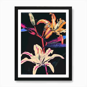 Neon Flowers On Black Lily 2 Art Print