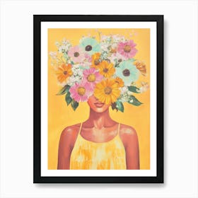 Frau mit Blumenhaar Mia, Pastel Blumenkranz, bunte Sommer Malerei Art Print