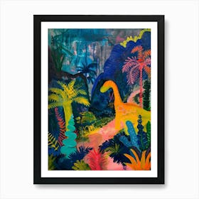 Colourful Tropical Dinosaur Mountain Painting Art Print