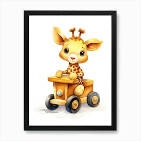 Baby Giraffe On Toy Car, Watercolour Nursery 3 Art Print