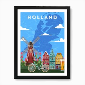 Amsterdam, Netherlands/Holland — Retro travel minimalist poster, retro travel art, retro travel wall art, vector art 4 Art Print