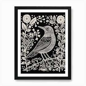 B&W Bird Linocut Cuckoo 1 Art Print