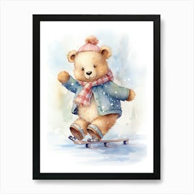 Ice Skating Teddy Bear Painting Watercolour 2 Art Print