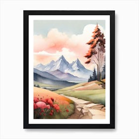 Tranquil Mountains In Minimalist Watercolor Vertical Composition 59 Art Print