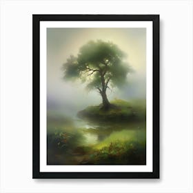 Oak tree, fine work of art, misty atmosphere, green meadow..3 Art Print