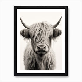 Black & White Watercolour Illustration Of Highland Cow 4 Art Print