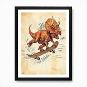 Vintage Triceratops Dinosaur On A Skateboard  4 Art Print