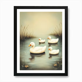 Nostalgic Duck Family A Vintage Inspired Painting Of A Duck Family Swimming In A Pond, Art Print