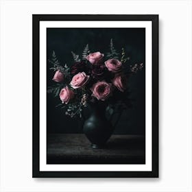 A Vase Filled With Pink Flowers On Top Of A Table Art Print