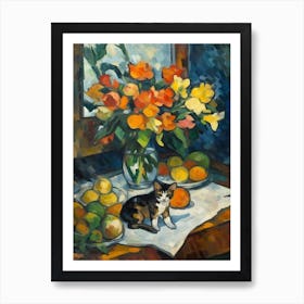Flower Vase Lilies With A Cat 3 Impressionism, Cezanne Style Art Print