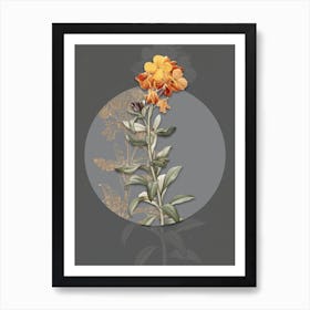 Vintage Botanical Yellow Wallflower Bloom on Circle Gray on Gray n.0089 Art Print
