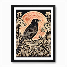 Vintage Bird Linocut Cowbird 1 Art Print