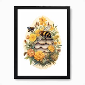 Garden Bumble Bee Beehive Watercolour Illustration 3 Art Print