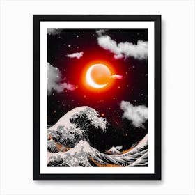 The Great Wave Of Kanagawa And Red Sun Art Print