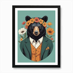 Floral Black Bear Portrait In A Suit (10) Art Print
