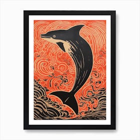 Dolphin, Woodblock Animal  Drawing 1 Art Print
