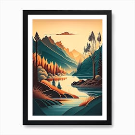 River Waterscape Retro Illustration 1 Art Print