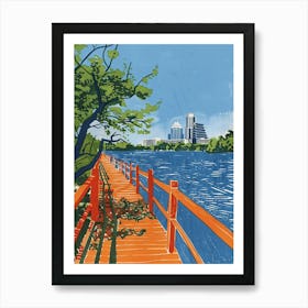 Lady Bird Lake And The Boardwalk Austin Texas Colourful Blockprint 3 Art Print