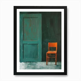 Orange Chair In Front Of Green Door Art Print