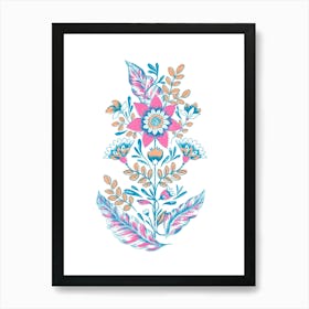 Folk Floral Silkscreen Cyan Art Print