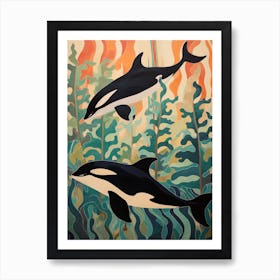 Orca Whales Swimming With Seaweed Art Print