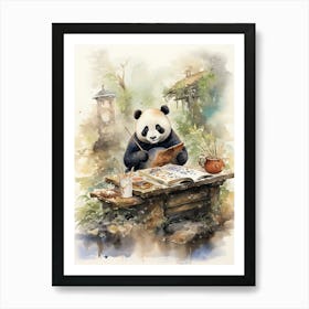 Panda Art Doing Calligraphy Watercolour 1 Art Print