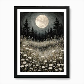 Full Moon Amongst Wildflowers | Witchy Magical Print | Neutral Tones Country Art Pagan Scenery for Feature Wall Decor Meadow Painting in HD Art Print