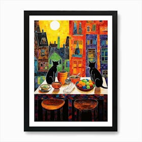 Two Cats On A Kitchen Table With An Old City Scape In The Background Art Print