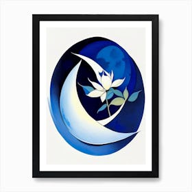 Crescent Moon And Lotus Symbol Blue And White Line Drawing Art Print