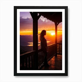 Woman Basking In Sunsets Glow On A Mountain Porch Silhouette Against A Sky Painted With Hues Of Or Art Print