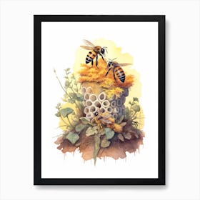Digger Bee Beehive Watercolour Illustration 1 Art Print