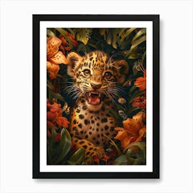 A Happy Front faced Leopard Cub In Tropical Flowers 19 Art Print