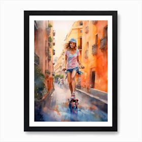 Girl Skateboarding In Barcelona, Spain Watercolour 2 Art Print