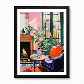 Room With A Fireplace. Gouache Interior Painting Art Print