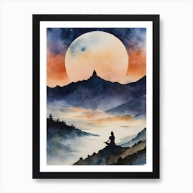 Meditation In The Mountains - Full Moon Contemplating Serenity Calm Yoga Meditating Spiritual Grounding Heart Open Buddhist Indian Travel Guidance Wisdom Peace Love Witchy Beautiful Watercolor Woman Trees Blue Silhouette Art Print