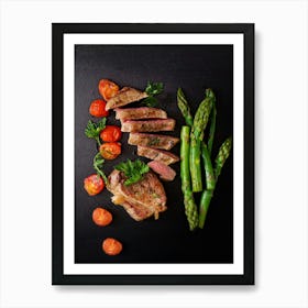 Juicy steak beef with spices, tomatoes, asparagus — Food kitchen poster/blackboard, photo art Art Print