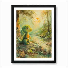 Cute Dinosaur By The Stream Watercolour Painting 2 Affiche