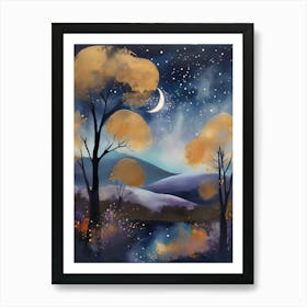 Cosmic Fall Night،
An ethereal boho painting that captures the beauty of a fall night sky. The background is a deep navy, speckled with tiny stars, while the foreground features silhouettes of autumn trees in shades of charcoal and dark olive. The moon is painted in a glowing silver, surrounded by soft wisps of mist in pale gold and lavender.
.7 Art Print