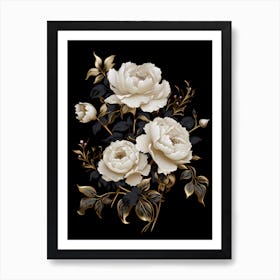 White Roses On Black Background Art Print