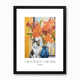 Cats & Flowers Collection Orchid Flower Vase And A Cat, A Painting In The Style Of Matisse 1 Art Print