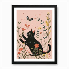 Black Cat With Flowers Art Print