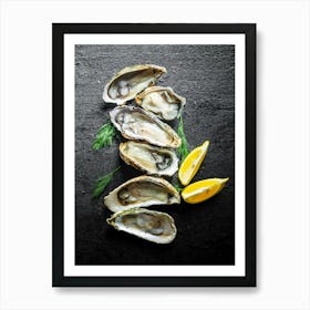 Seafood. Fresh oysters, lemon — Food kitchen poster/blackboard, photo art Art Print